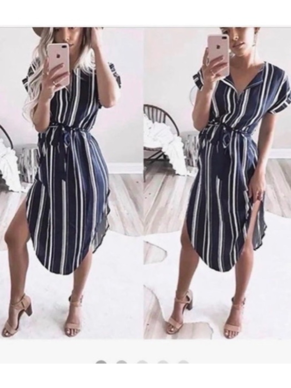#1133 🦋 Notch Neck Belted Navy and White Striped Dress